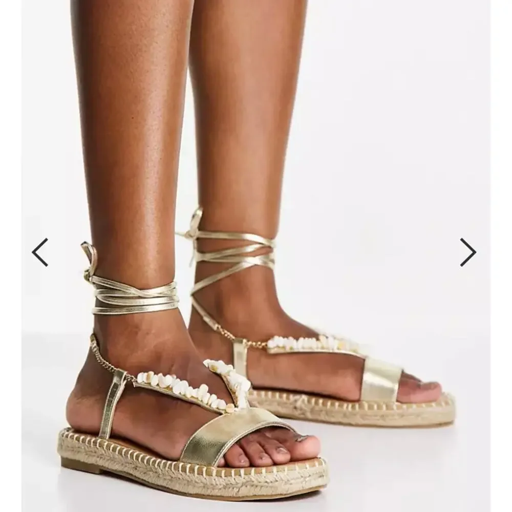 asos Design Jukebox‎ Beaded Two Part Espadrilles in Gold Mermaidcore Women's 10